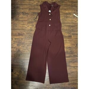 En Focus Studio Women's Burgundy Wide Leg Jumpsuit Gold Button Front Sz 14
